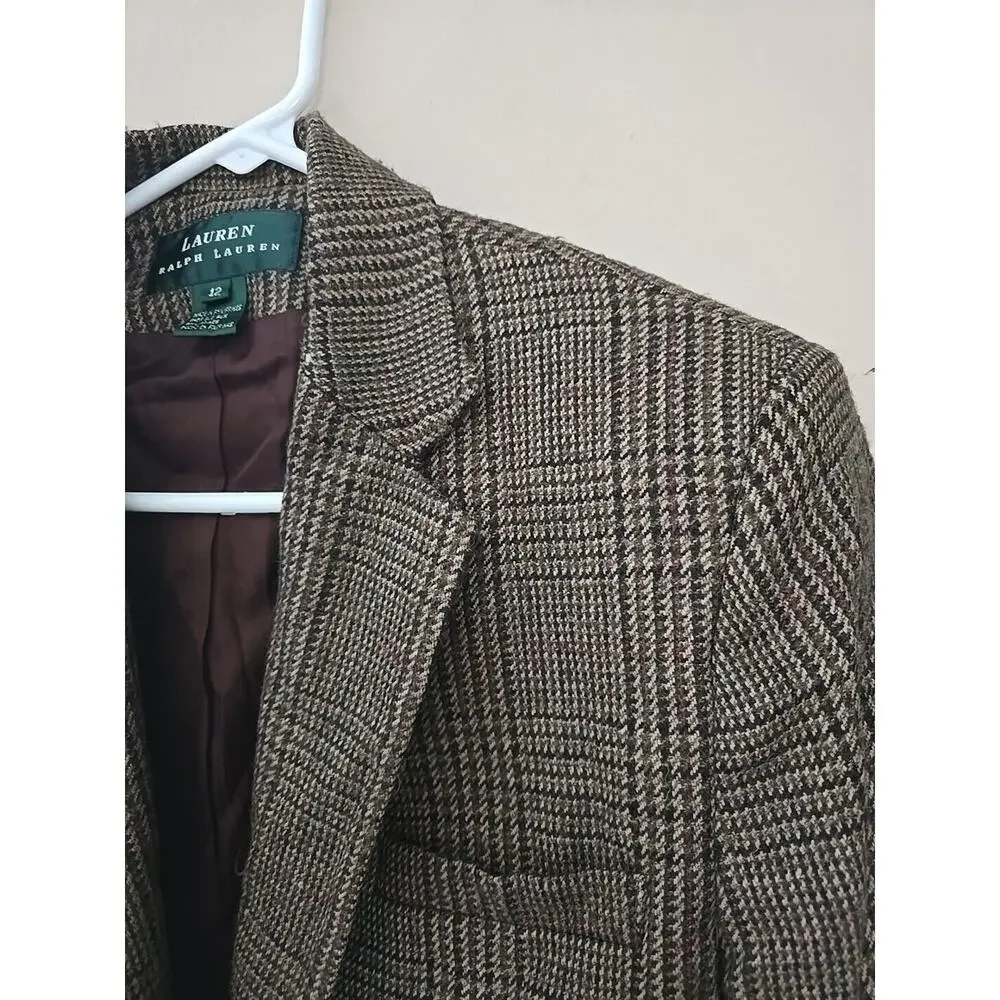 Lauren Ralph Lauren Plaid Linen Alpaca 2-Buttons Elbow‎ Patch Blazer Womans 12